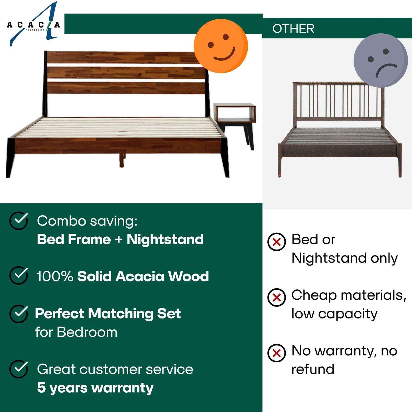Emery Bed Frame & Nightstand Set - Acacia Solid Wood Bedroom Furniture