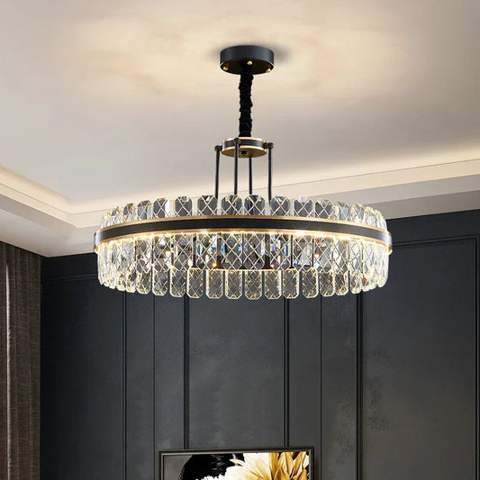 Crystal Chandelier - Modern Minimalist LED Black Leather Design for Living Rooms, Bedrooms, and Dining Spaces