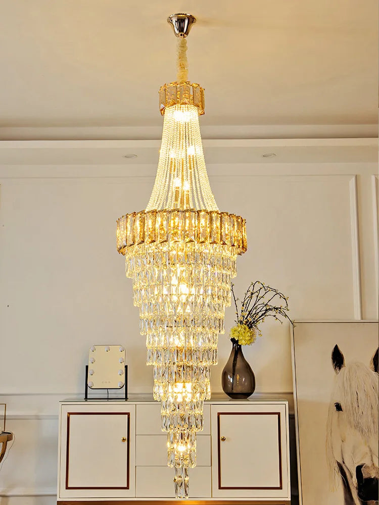 Large Modern Crystal Chandelier For Staircase Luxury Amber Smoky Gray Home Decor Hanging Light Fixture Long Hall Lobby Led  Lamp