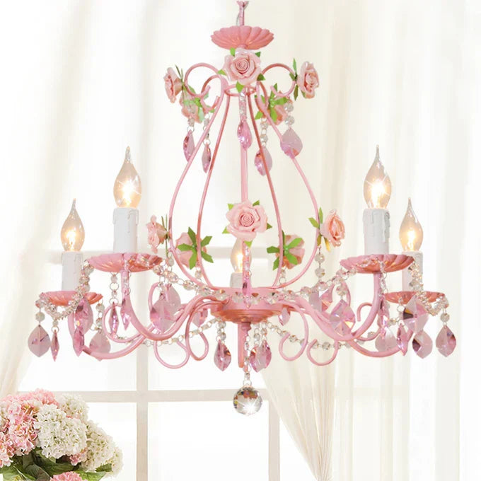 Contemporary Pink Ceiling Chandelier - E14 LED Lighting with Crystal, Iron, and Ceramic Accents