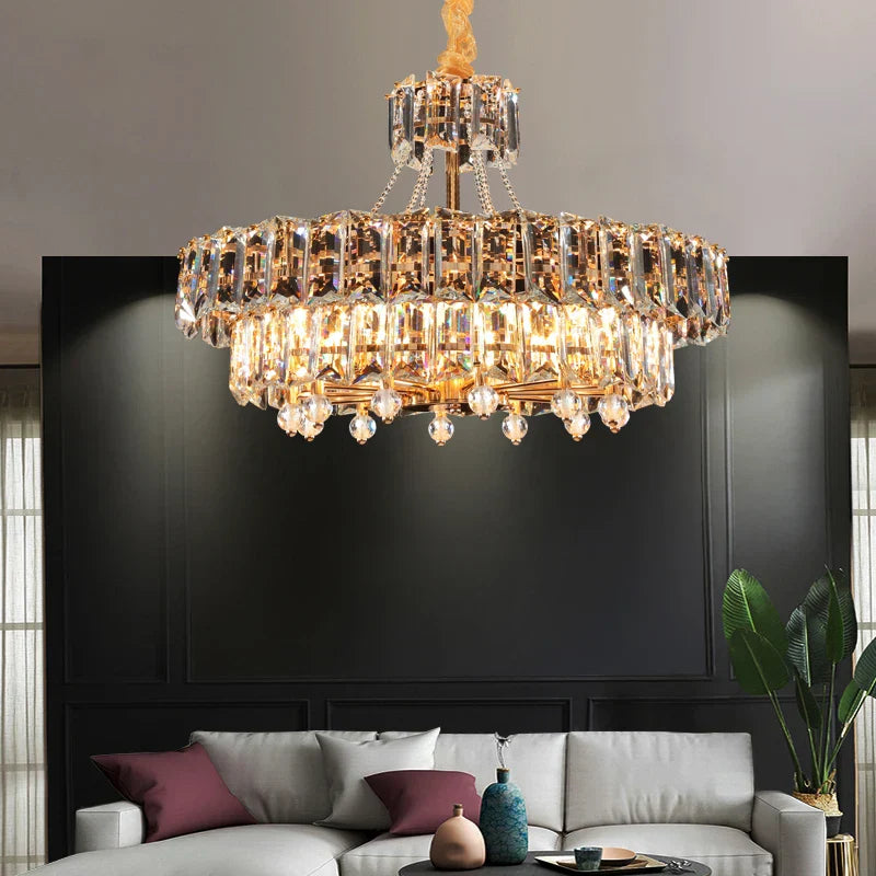 Contemporary LED Crystal Chandelier - Illuminate Your Living Room with Elegant Round and Rectangle Golden Indoor Lighting