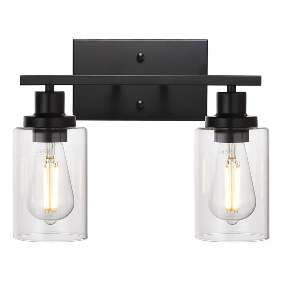 Vintage Industrial 2-Light Bathroom Vanity Light Fixtures - Matte Black Metal and Glass Sconces