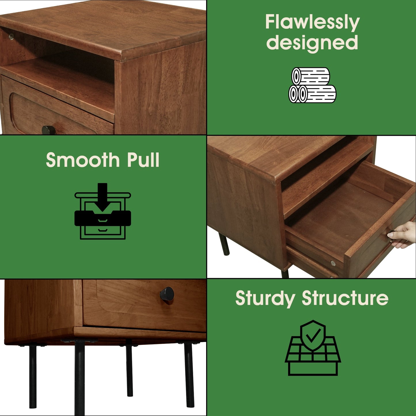 Acacia Savana Mid-Century Modern Single Drawer Solid Wood Nightstand