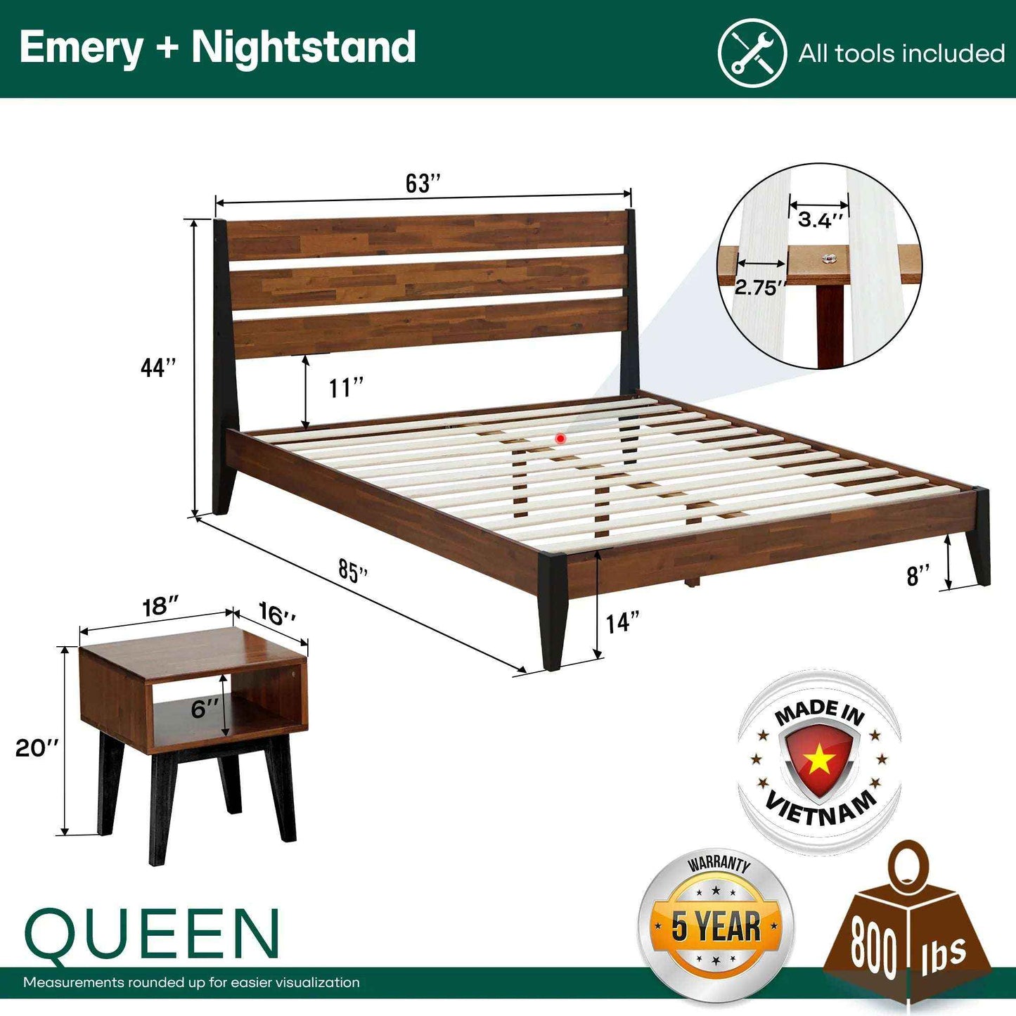 Emery Bed Frame & Nightstand Set - Acacia Solid Wood Bedroom Furniture