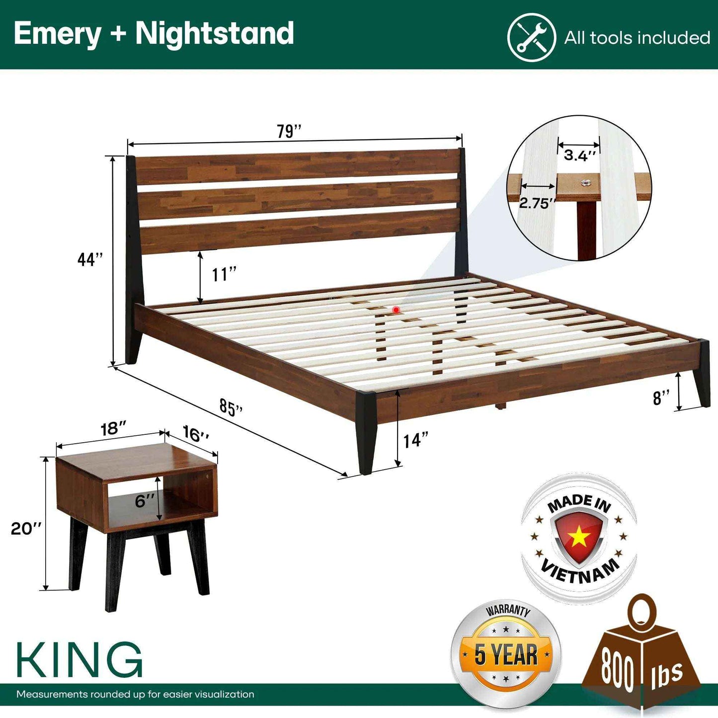 Emery Bed Frame & Nightstand Set - Acacia Solid Wood Bedroom Furniture