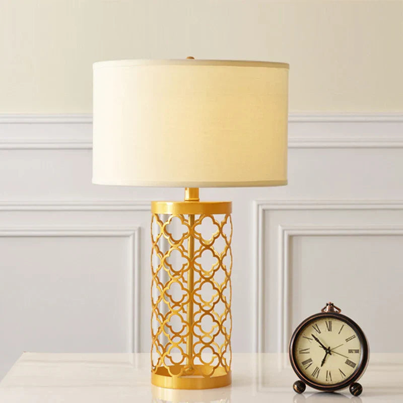 American Golden Wrought Iron Hollow Pattern Table Lamp - Luxury Bedside LED Desk Lighting