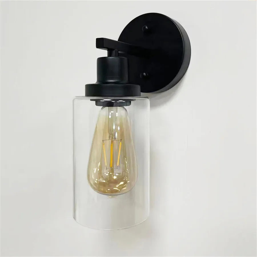Vintage Industrial 2-Light Bathroom Vanity Light Fixtures - Matte Black Metal and Glass Sconces