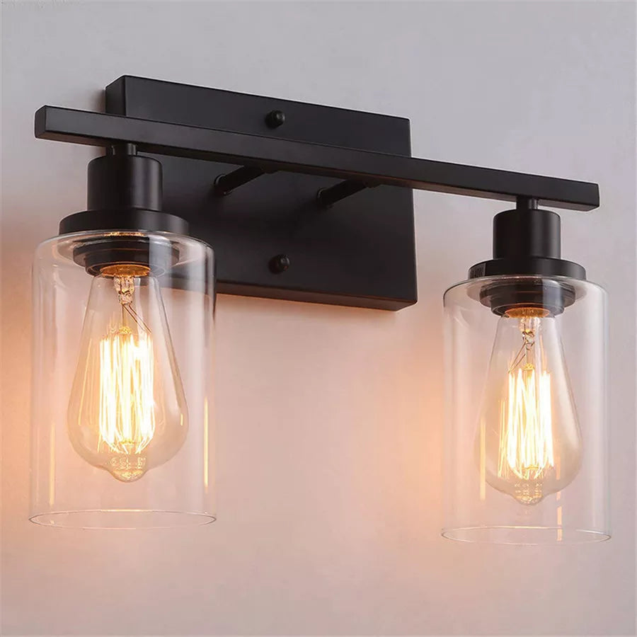 Vintage Industrial 2-Light Bathroom Vanity Light Fixtures - Matte Black Metal and Glass Sconces