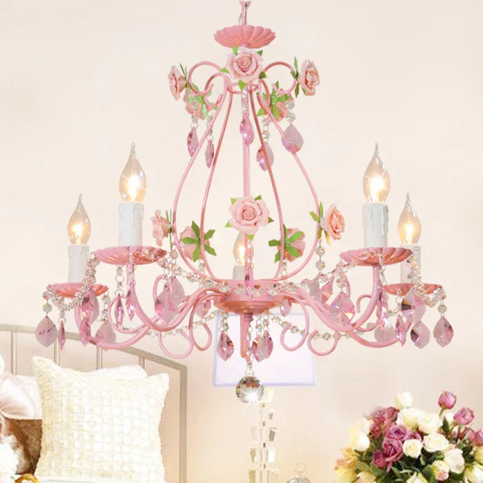 Contemporary Pink Ceiling Chandelier - E14 LED Lighting with Crystal, Iron, and Ceramic Accents