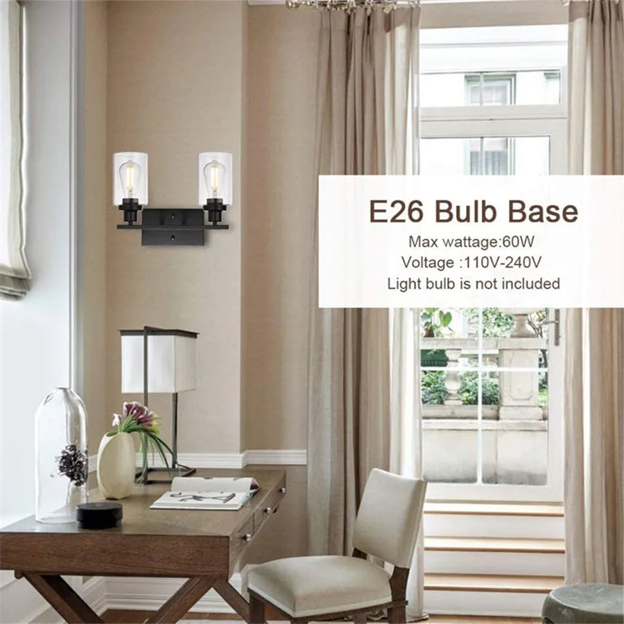 Vintage Industrial 2-Light Bathroom Vanity Light Fixtures - Matte Black Metal and Glass Sconces
