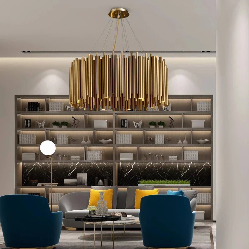 Luxury Gold LED Chandelier for Living Room - Round Hanging Lamp with Modern Creative Design