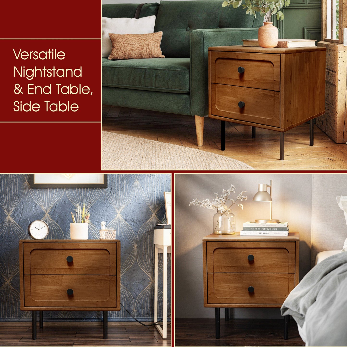 Acacia Savana Mid-Century 2 - Drawer Solid Wood Nightstand