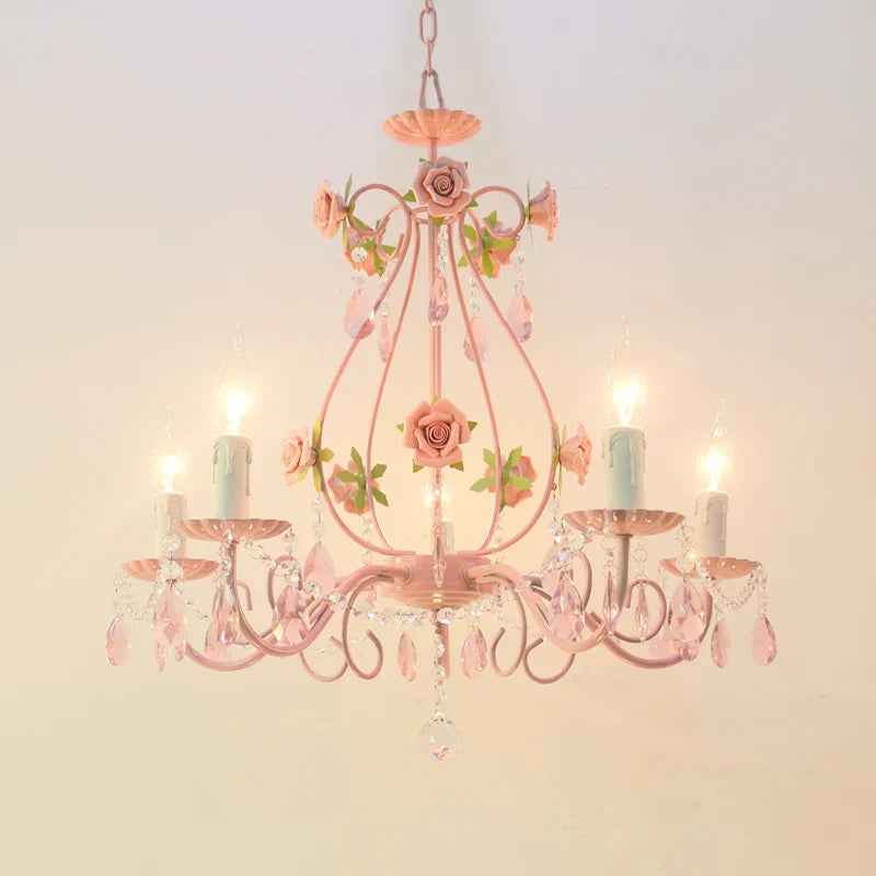 Contemporary Pink Ceiling Chandelier - E14 LED Lighting with Crystal, Iron, and Ceramic Accents