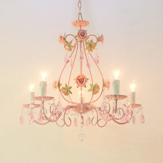 Contemporary Pink Ceiling Chandelier - E14 LED Lighting with Crystal, Iron, and Ceramic Accents
