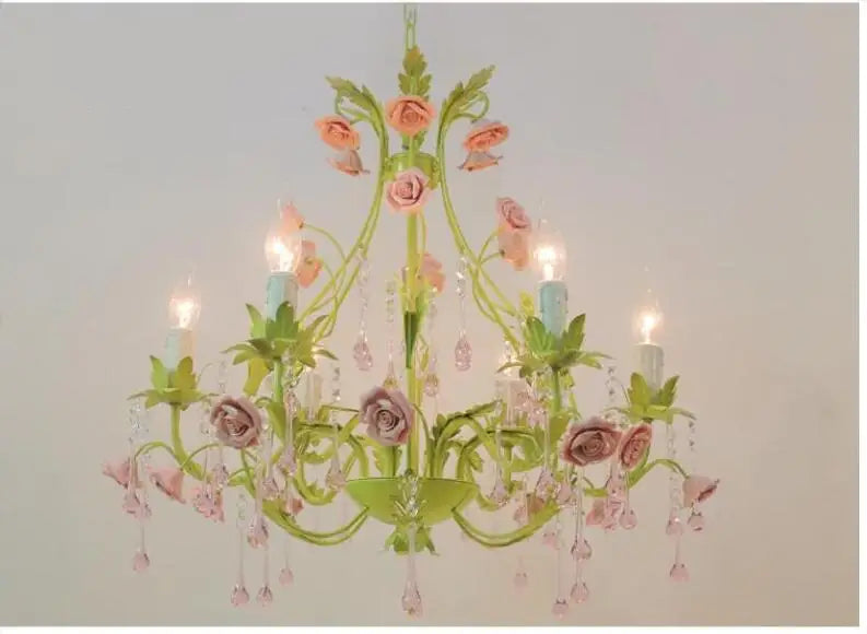 European Rose Flower Chandelier - Green Lustre Light in 6L/8L/12L Sizes, E14 Decoration Light Fixture in Pink