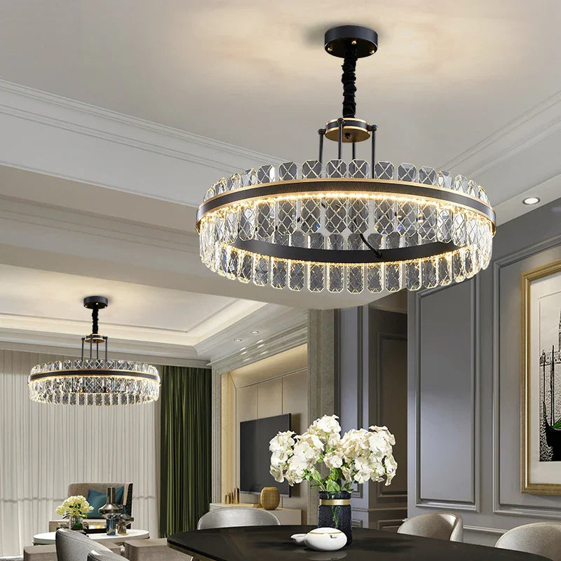 Crystal Chandelier - Modern Minimalist LED Black Leather Design for Living Rooms, Bedrooms, and Dining Spaces