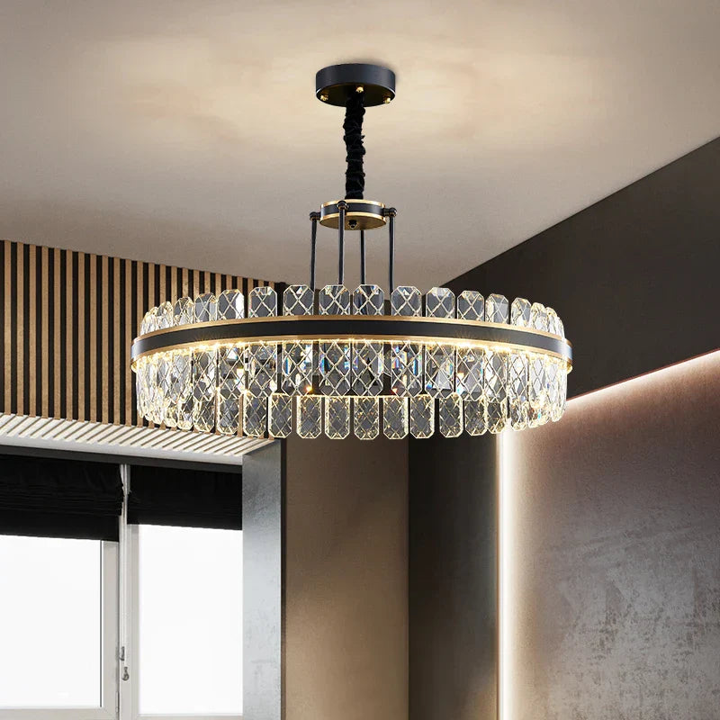 Crystal Chandelier - Modern Minimalist LED Black Leather Design for Living Rooms, Bedrooms, and Dining Spaces