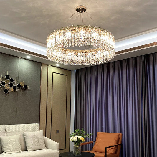 Elegant LED E14 Postmodern Gold Chandelier - A Ring Tassel Crystal Fixture for Dining Rooms, Adding Luminescent Luxury