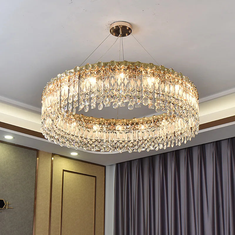 Elegant LED E14 Postmodern Gold Chandelier - A Ring Tassel Crystal Fixture for Dining Rooms, Adding Luminescent Luxury