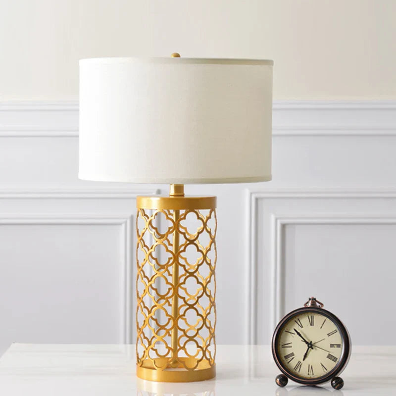 American Golden Wrought Iron Hollow Pattern Table Lamp - Luxury Bedside LED Desk Lighting