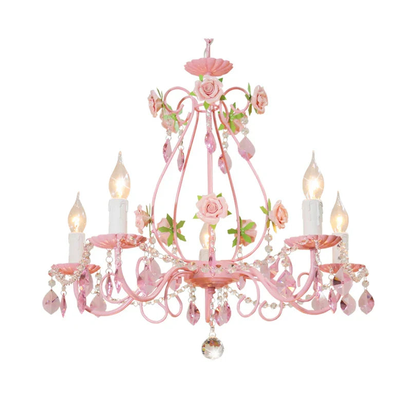 Contemporary Pink Ceiling Chandelier - E14 LED Lighting with Crystal, Iron, and Ceramic Accents