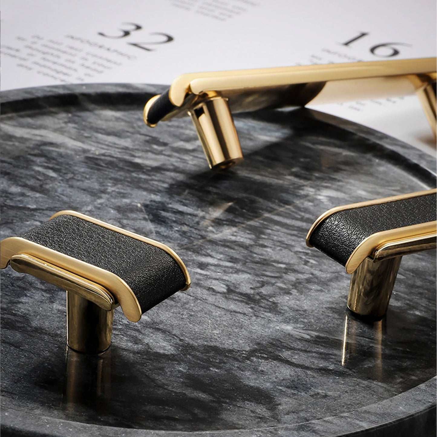 Black Leather and Gold Zinc Alloy Cabinet Handle – Luxury Drawer Pull for Wardrobes and Dressers (128mm)