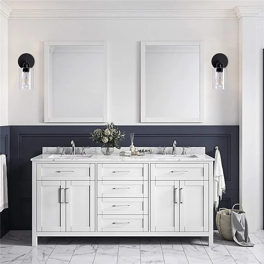 Vintage Industrial 2-Light Bathroom Vanity Light Fixtures - Matte Black Metal and Glass Sconces