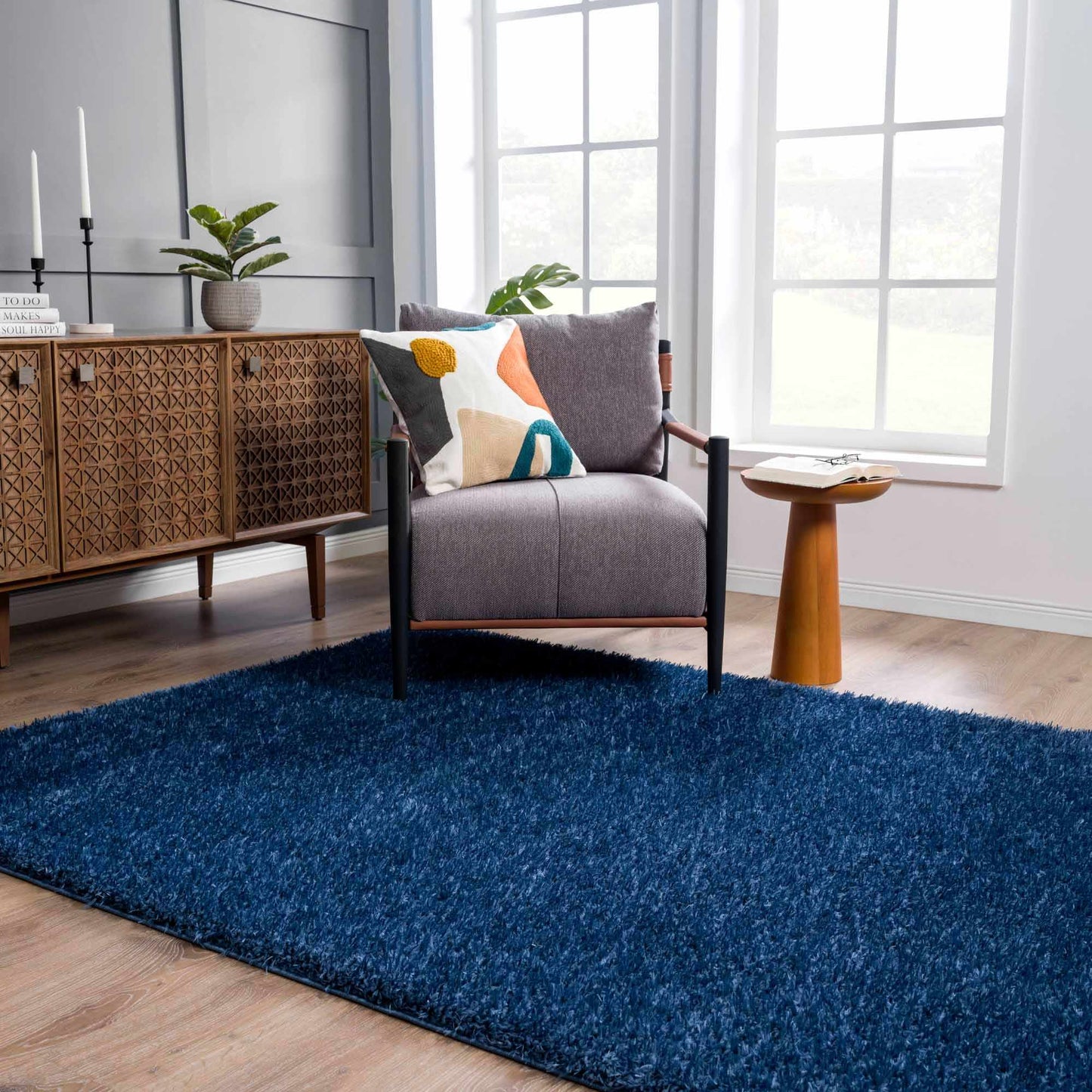 Faina Solid Dark Blue Shag Washable Area Rug - Clearance