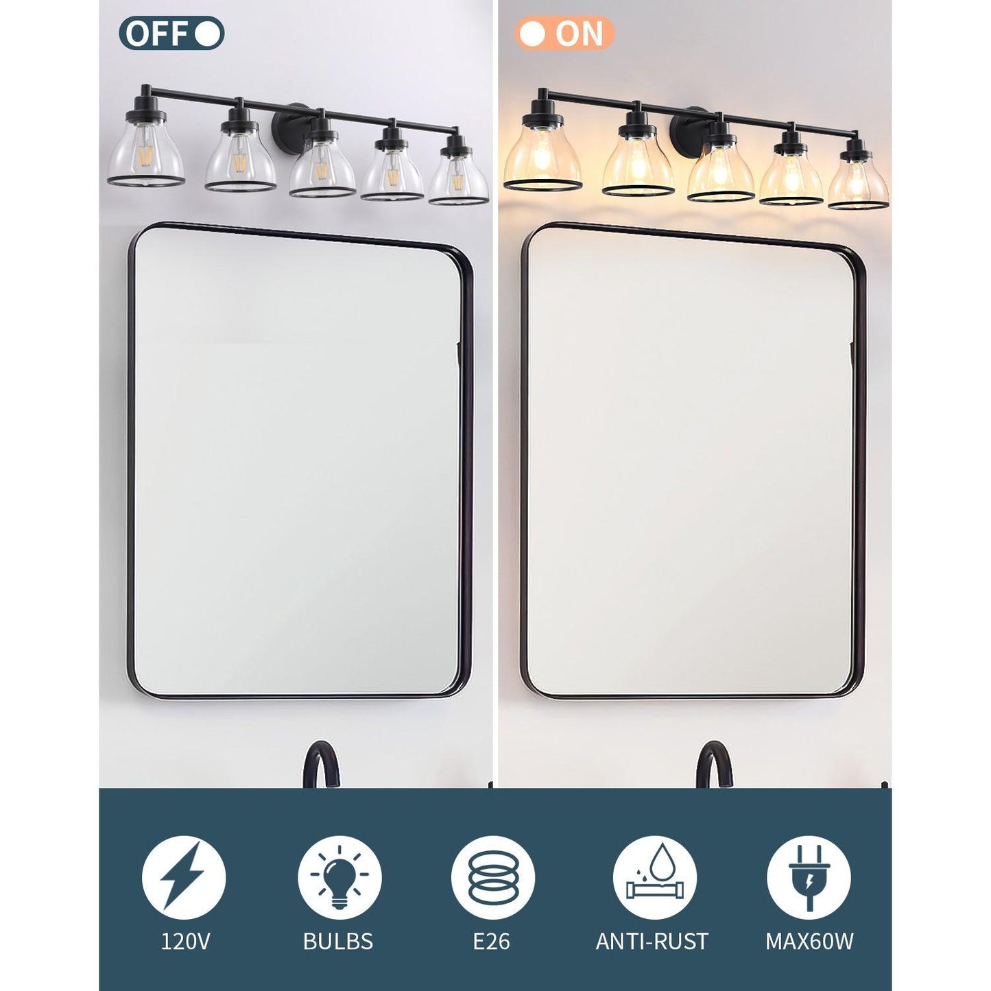 Hermosa Modern Polished Nickel & Black 5-Light Bathroom Vanity Light