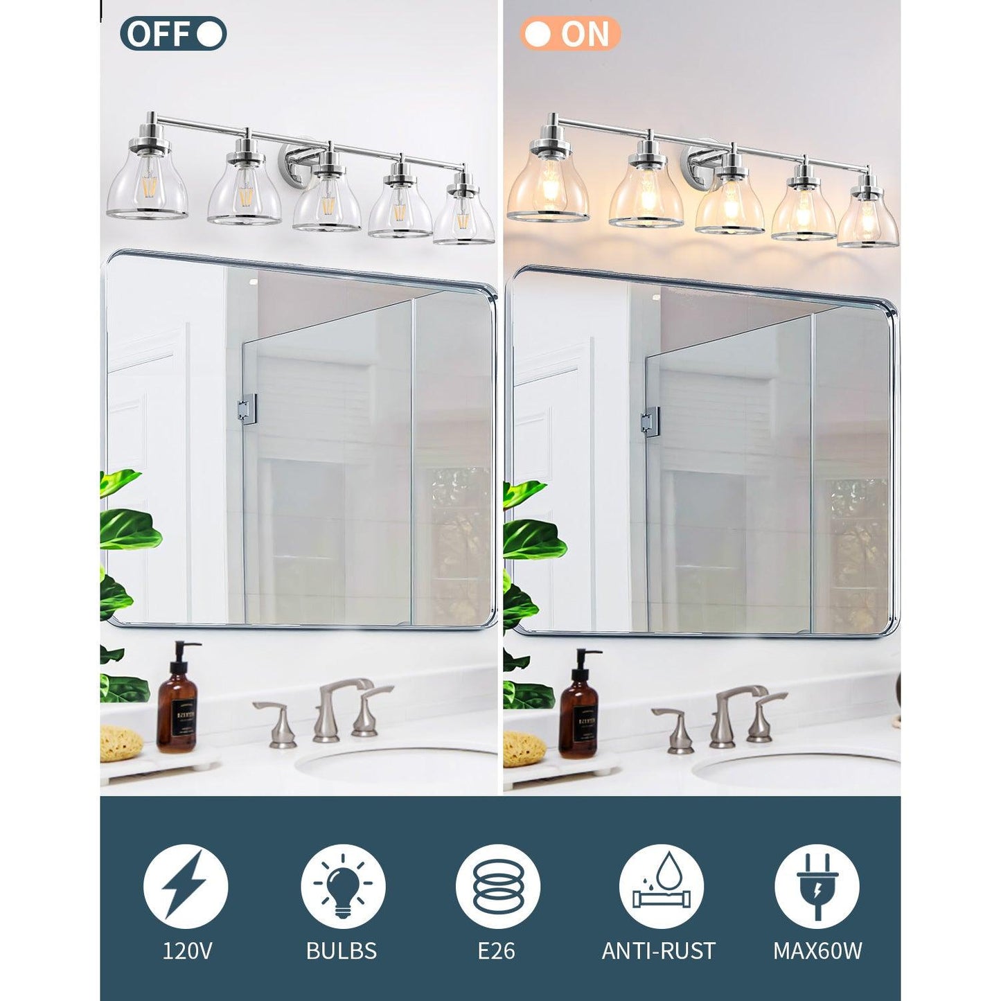 Hermosa Modern Polished Nickel & Black 5-Light Bathroom Vanity Light