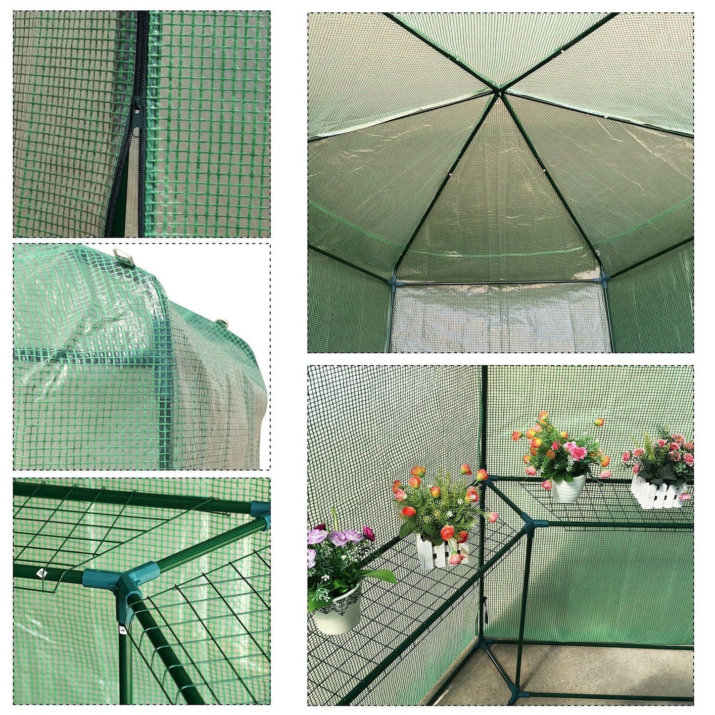 Outdoor Hexagon Greenhouse 6.5 x 7 Ft with Steel Frame PE Cover and Shelves