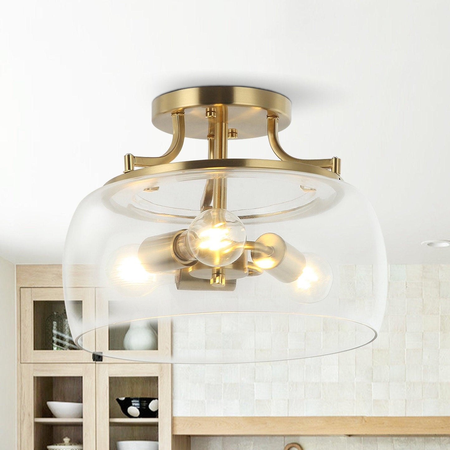 13 Inch 3-Light Brass Gold Semi-Flush Mount Ceiling Light Fixture with Clear Glass Shade