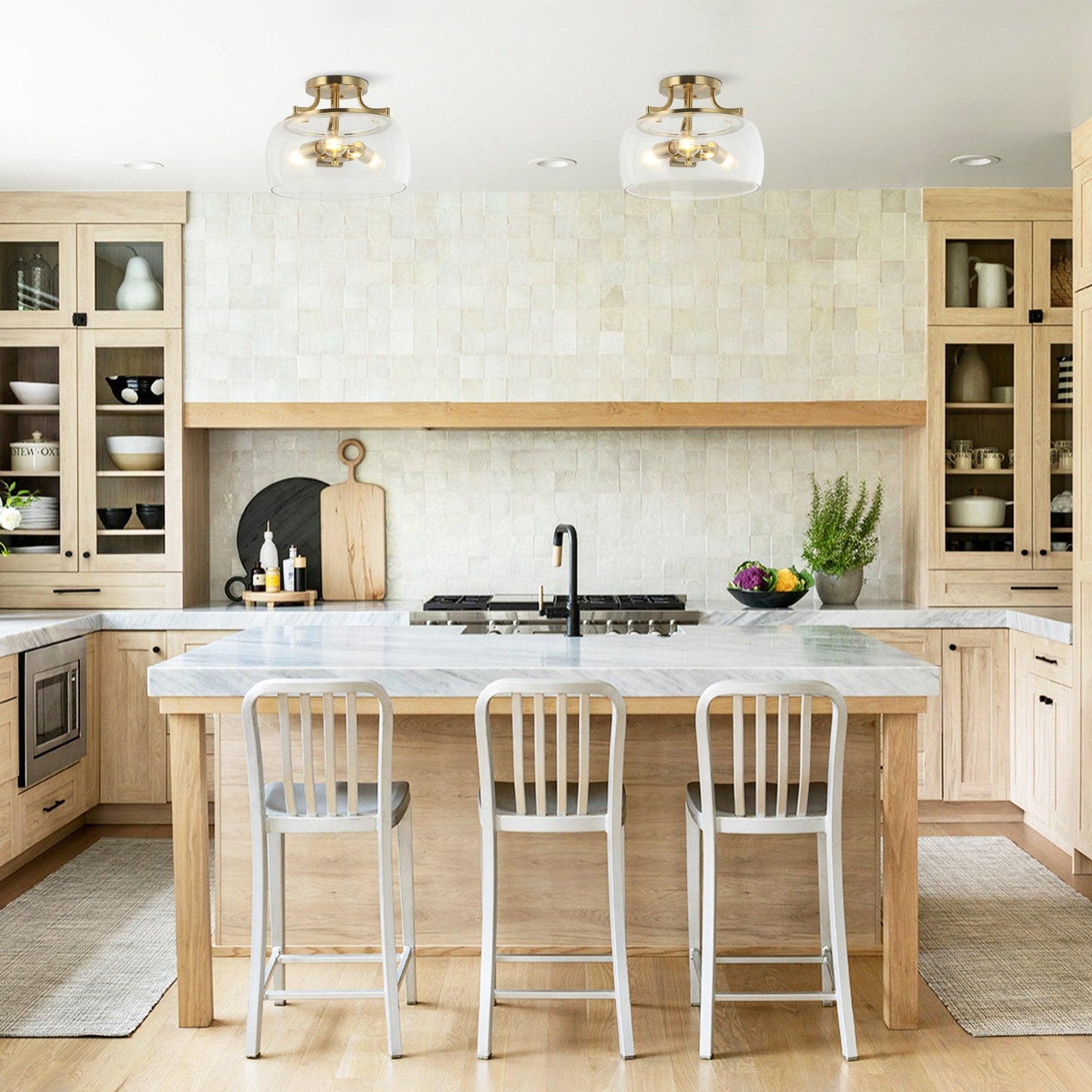 13 Inch 3-Light Brass Gold Semi-Flush Mount Ceiling Light Fixture with Clear Glass Shade