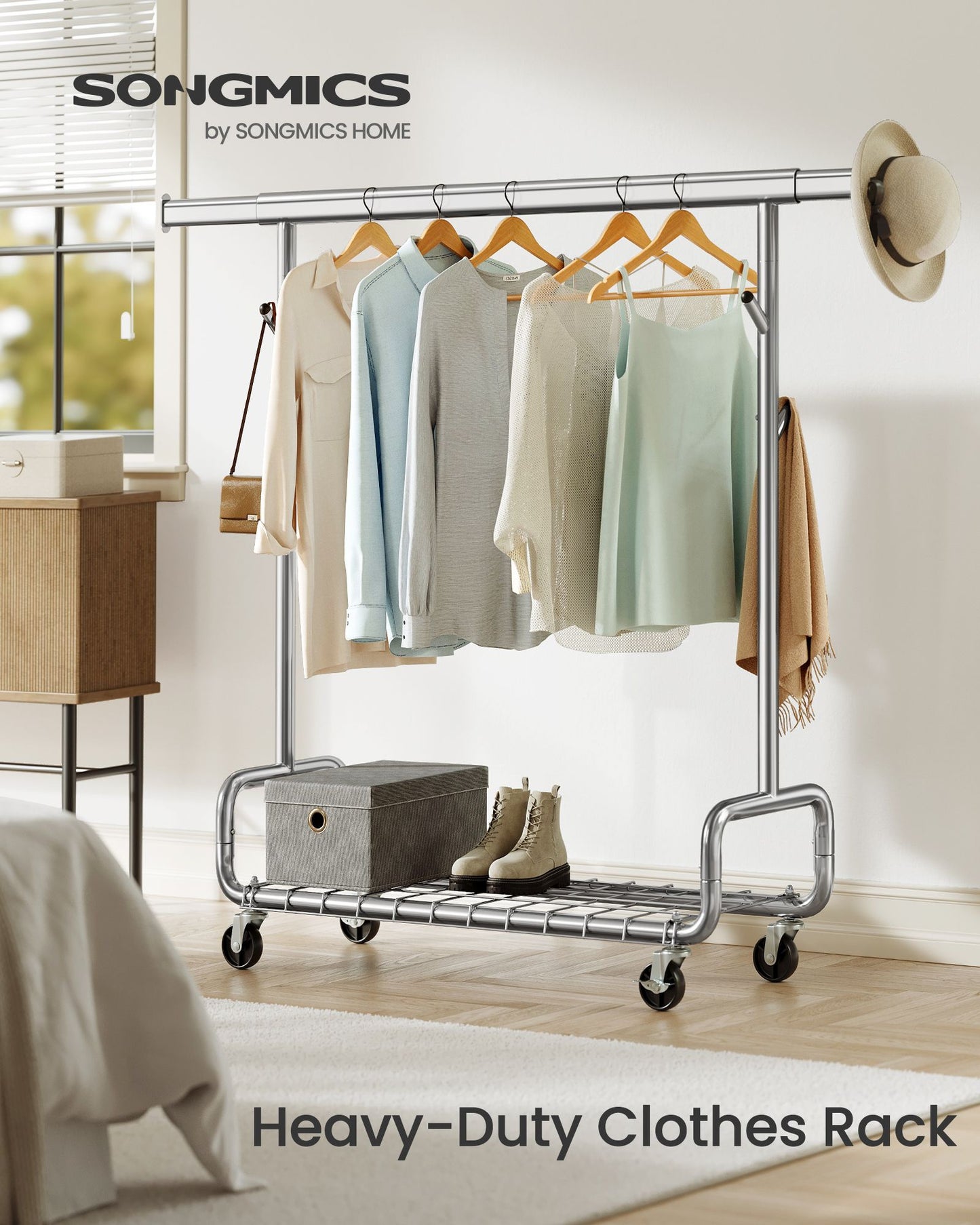 Clothes Rack, Heavy-Duty Rolling with Wheels, Silver