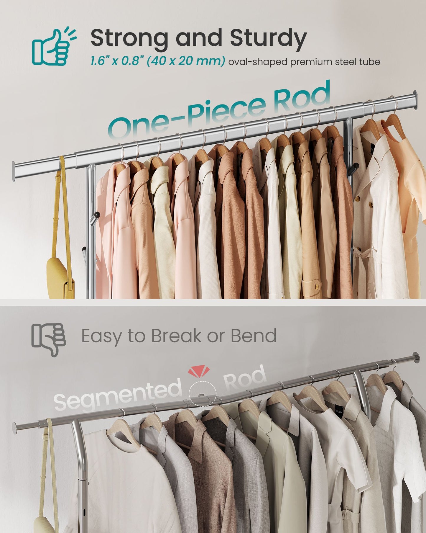 Clothes Rack, Heavy-Duty Rolling Clothing Garment Rack, Silver