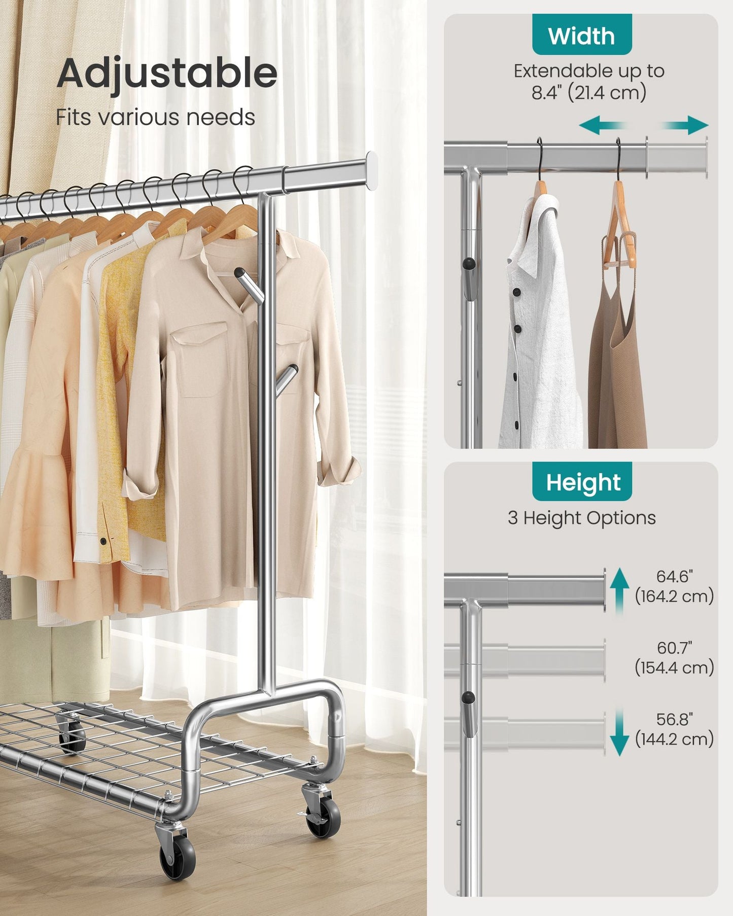 Clothes Rack, Heavy-Duty Rolling with Wheels, Silver