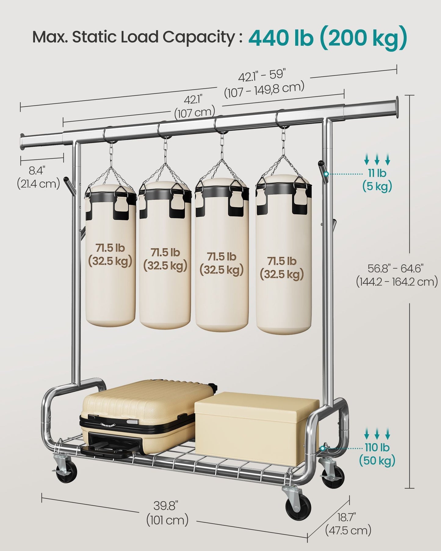 Clothes Rack, Heavy-Duty Rolling with Wheels, Silver