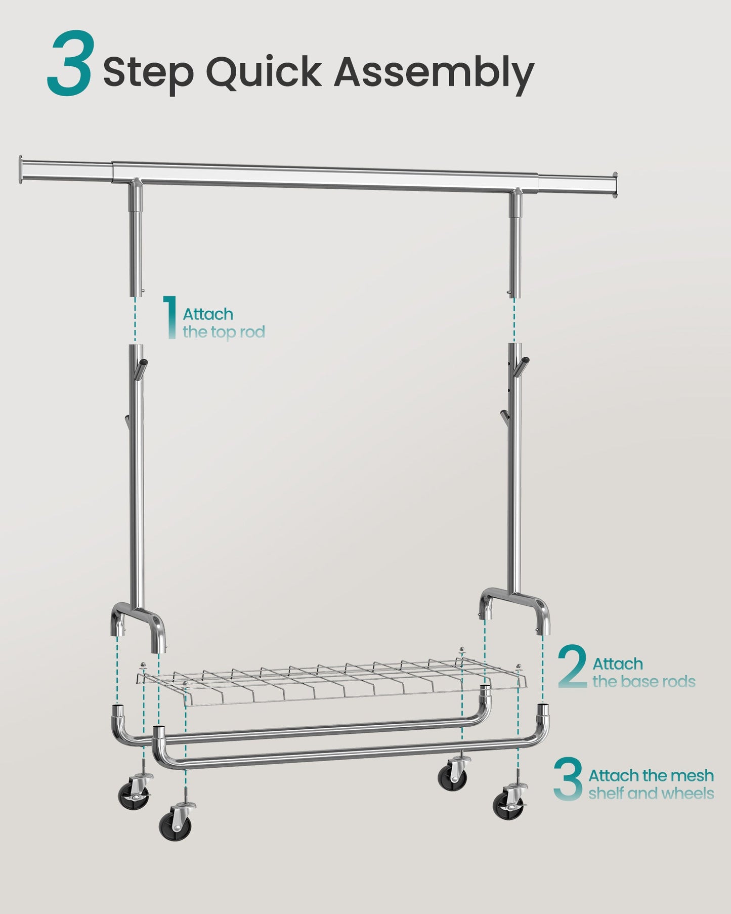 Clothes Rack, Heavy-Duty Rolling with Wheels, Silver