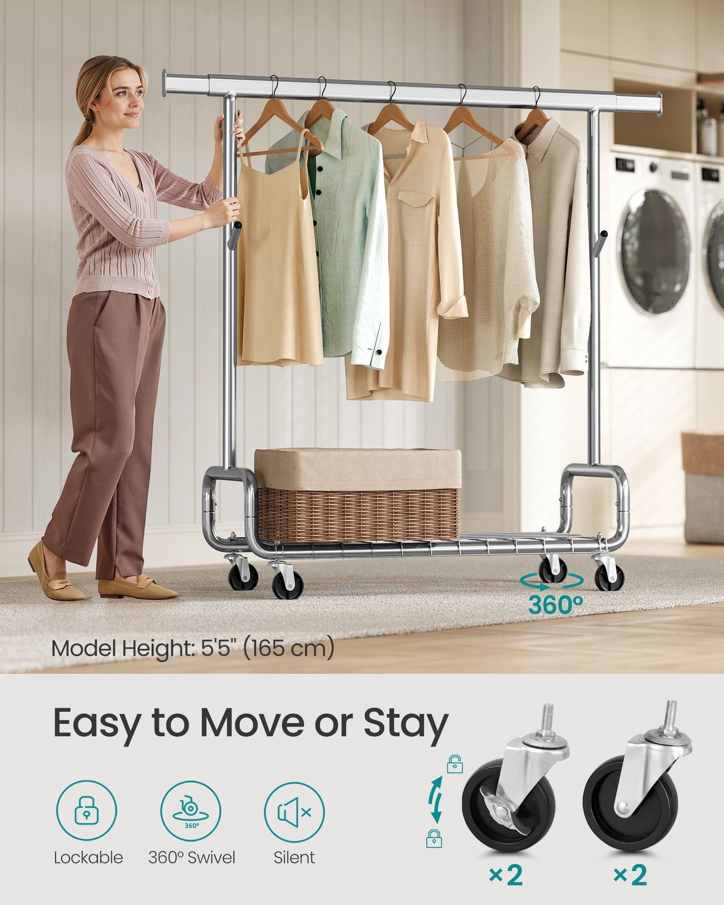 Clothes Rack, Heavy-Duty Rolling with Wheels, Silver