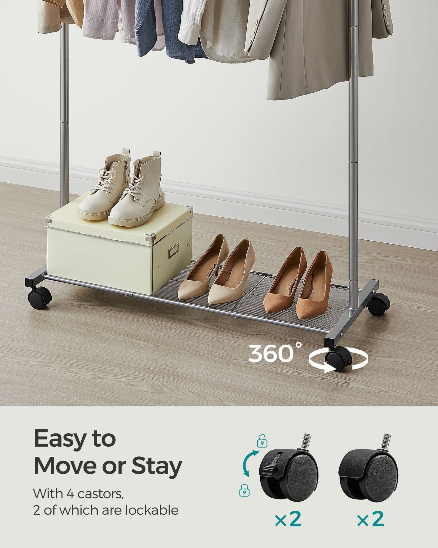 Clothes Rack with Wheels and Dense Mesh Storage Shelf
