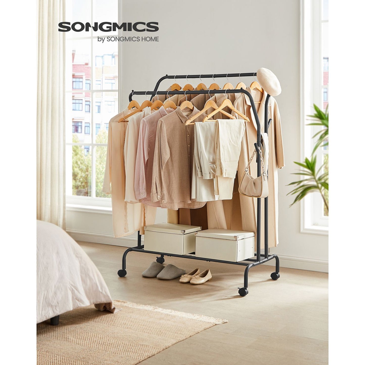 Double-Rod Clothing Rack for Hanging Clothes with Wheels