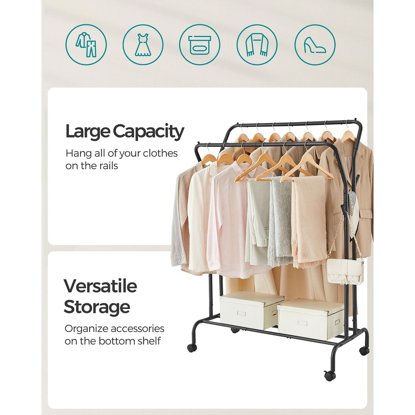 Double-Rod Clothing Rack for Hanging Clothes with Wheels