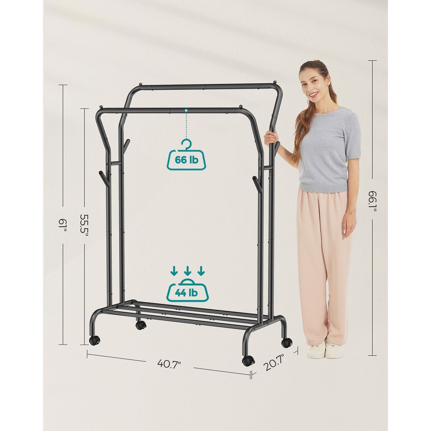 Double-Rod Clothing Rack for Hanging Clothes with Wheels
