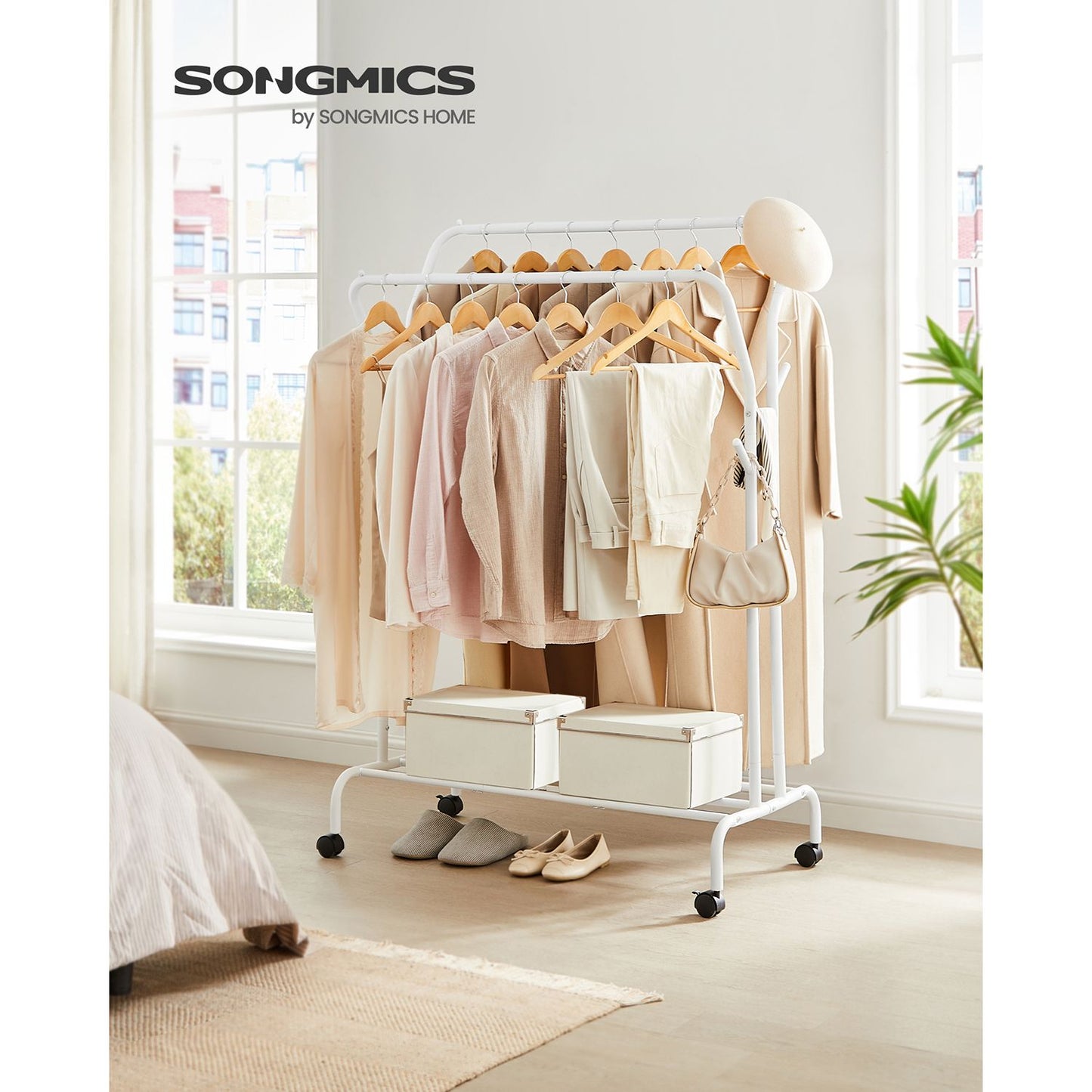 Double-Rod Clothing Rack for Hanging Clothes with Wheels