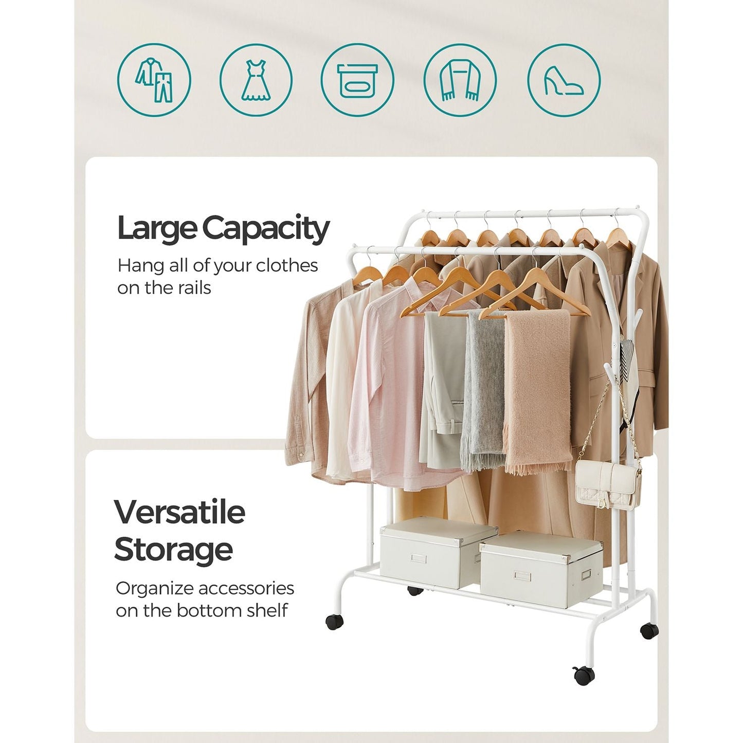 Double-Rod Clothing Rack for Hanging Clothes with Wheels