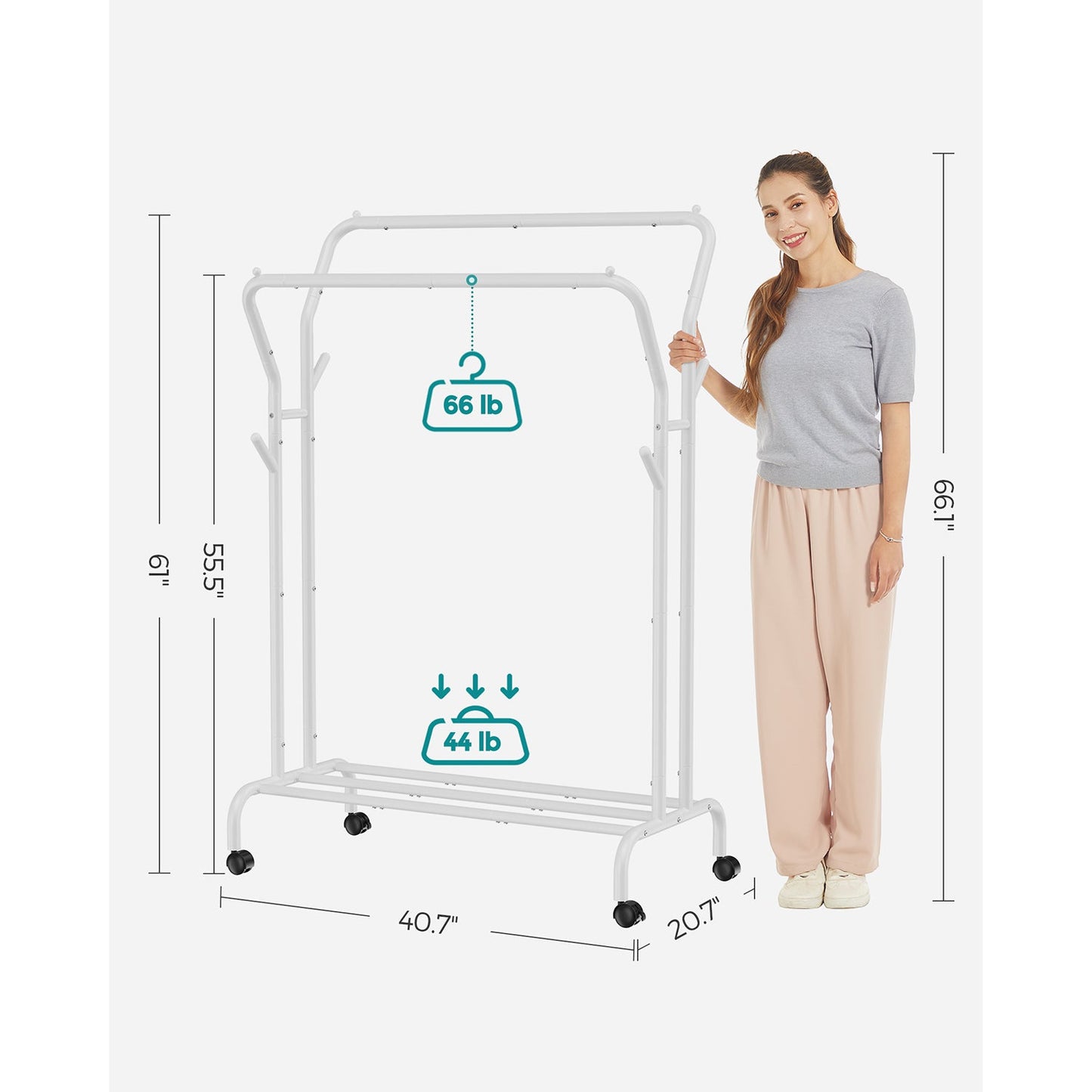 Double-Rod Clothing Rack for Hanging Clothes with Wheels