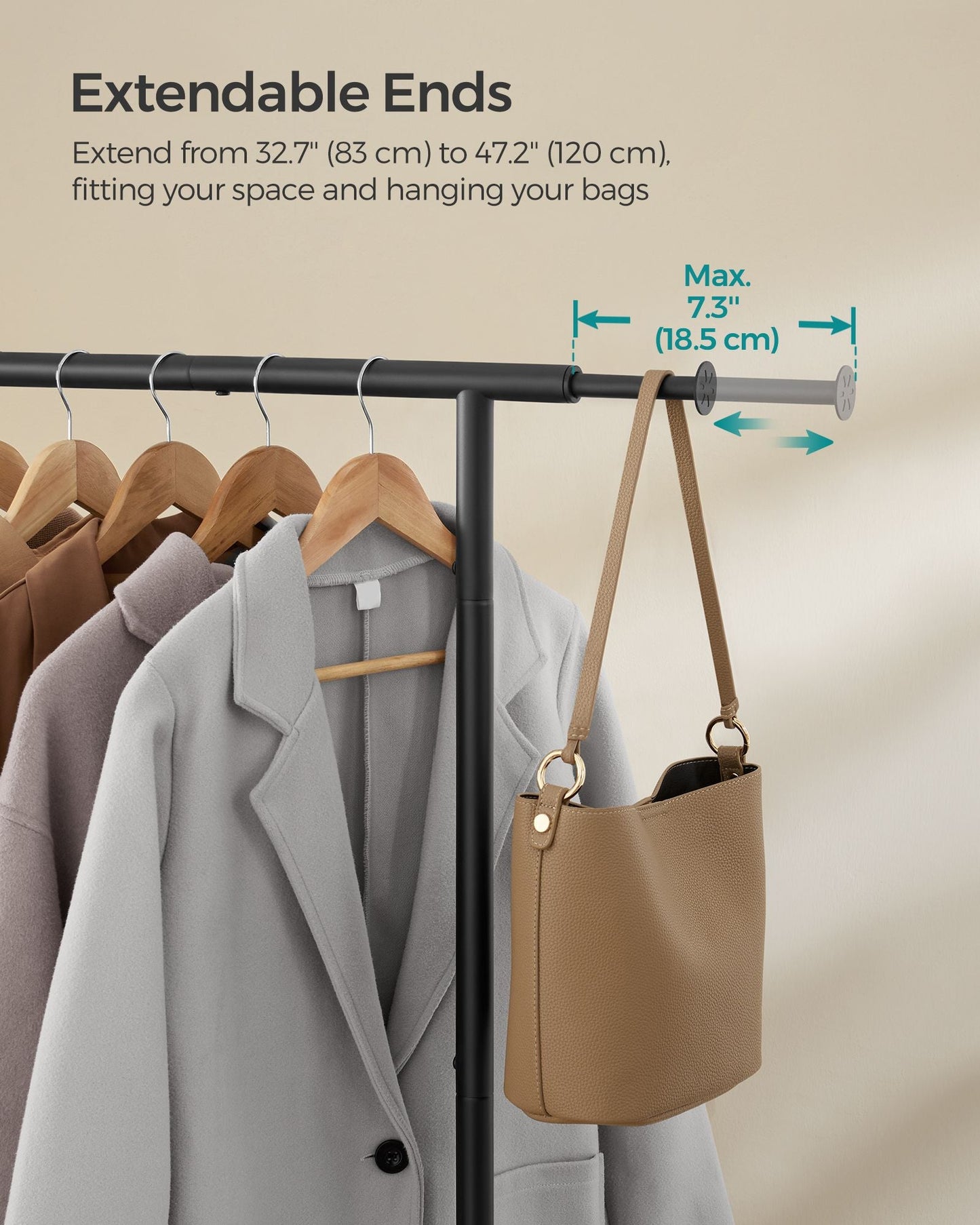 Clothes Rack with Extendable Rail and Wheels
