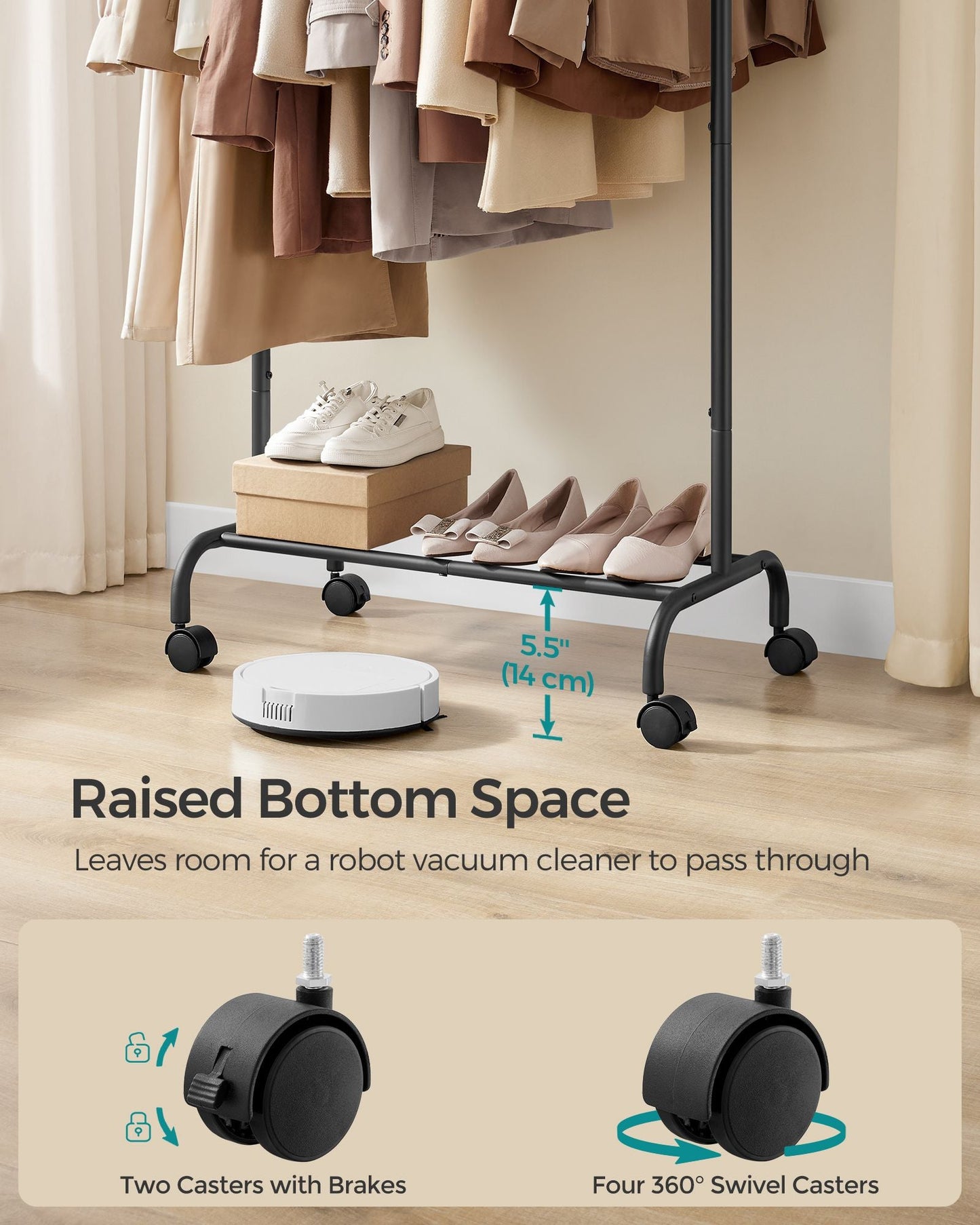 Clothes Rack with Extendable Rail and Wheels