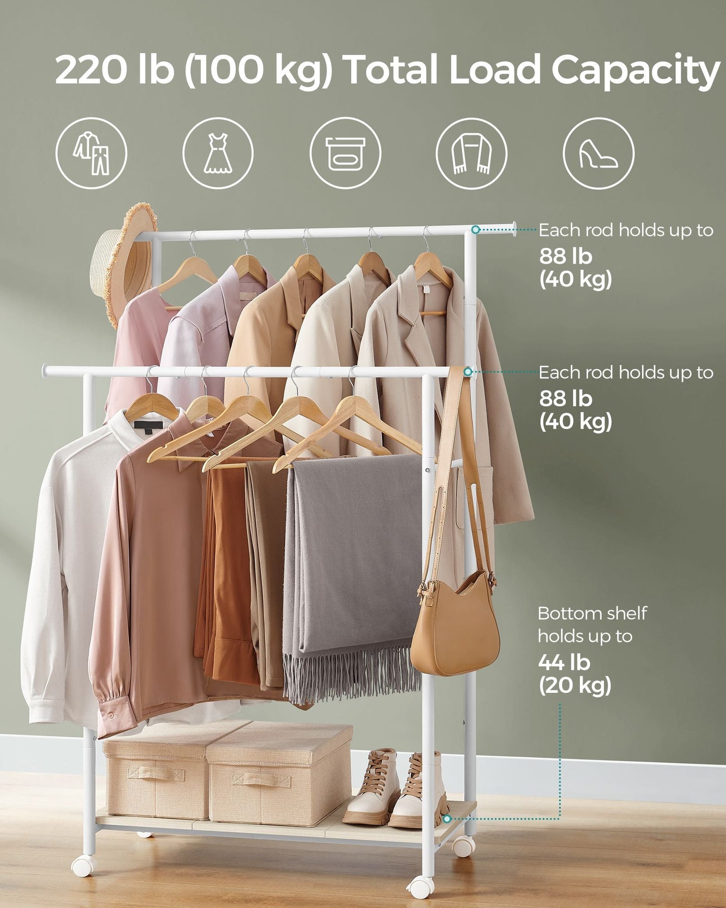 Double-Rod Clothes Rack with Wheels