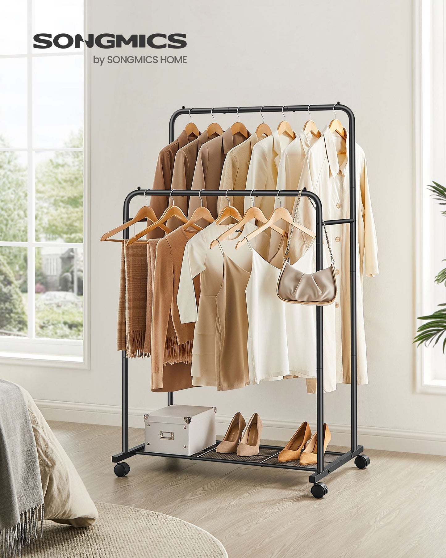 Double Rods Clothing Rack with Wheels